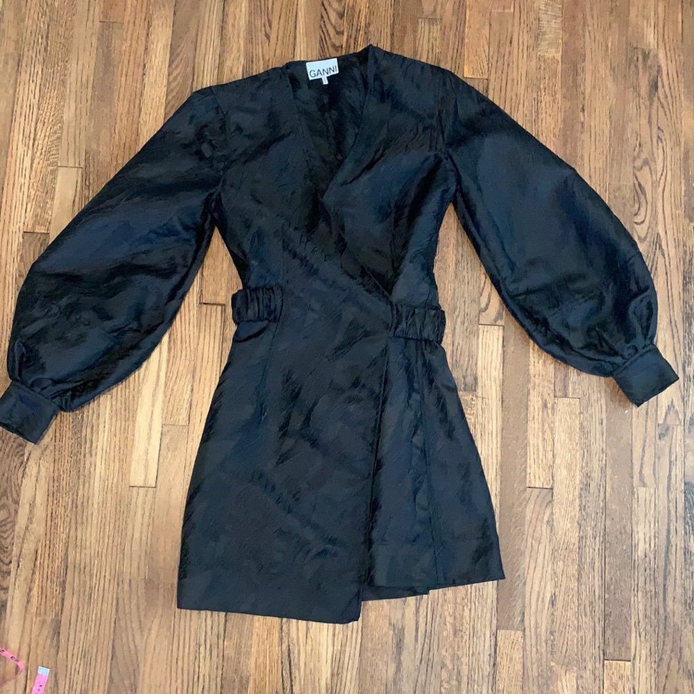 Ganni Structured Black Jacquard Mini Dress, Size 36